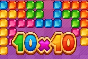 Blloqe me ngjyra të ndritshme në formacione të ndryshme mbi një sfond vjollcë, me tekstin “10x10” në qendër