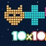 Mace me blloqe të verdha, një plus blu dhe zemër me blloqe rozë mbi një sfond të errët dhe numrat 10x10+ poshtë