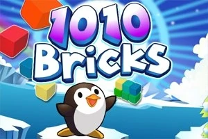 Një pinguin i vogël para një peizazhi dimëror me kube të shumta shumëngjyrëshe dhe tekstin 1010 Bricks në sfond