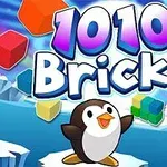 Një pinguin i vogël para një peizazhi dimëror me kube të shumta shumëngjyrëshe dhe tekstin 1010 Bricks në sfond