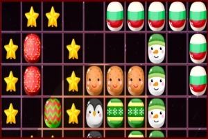 Nga tabela me rrjeta të purpurta janë vendosur yje të verdhë, vezë të dekoruara dhe figura festive si babagjyshë bore dhe penguinë
