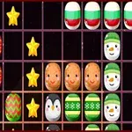 Nga tabela me rrjeta të purpurta janë vendosur yje të verdhë, vezë të dekoruara dhe figura festive si babagjyshë bore dhe penguinë