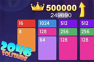 Numra dhe ngjyra të ndryshme në kolona me kurorë dhe shigjetë të artë në krye, dhe tekst 2048 Solitaire në këndin e poshtëm të majtë