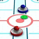 Një tavolinë air hockey me dy shtytës, një blu dhe një të kuq, dhe një disk jeshil në qendër