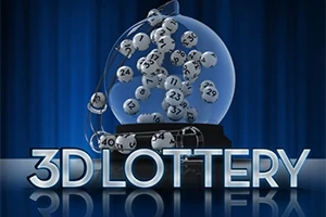 Topat e llotarisë me numra brenda një kupole qelqi me sfond blu dhe tekstin 3D Lottery
