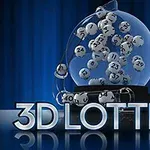 Topat e llotarisë me numra brenda një kupole qelqi me sfond blu dhe tekstin 3D Lottery