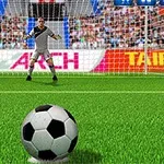 Një fushë futbolli me një portier përballë dhe një top futbolli në plan të parë