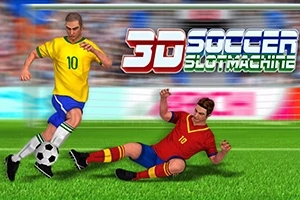 Lojtar futbolli me fanellë të verdhë driblon topin ndërsa një lojtar me fanellë të kuqe përpiqet ta ndalojë, në një fushë bari, me tekste 3D Soccer Slot Machine në sfond