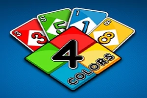 Katër karta me ngjyra të kuqe, jeshile, blu dhe të verdhë me numra dhe logo me tekst 4 Colors