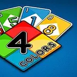 Katër karta me ngjyra të kuqe, jeshile, blu dhe të verdhë me numra dhe logo me tekst 4 Colors