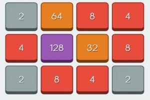 Katërmbëdhjetë blloqe me numra të ndryshëm, përfshirë 2, 4, 8, 32, 64, dhe 128, në ngjyra të ndryshme si gri, portokalli, vjollcë dhe kuqe
