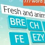 Pjesëza fjalësh në blloqe të kaltërta të shpërndara në një sfond me tekstin Fresh and animated dhe word puzzles