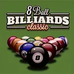 Topat e bilardos të vendosura në formë trekëndëshi me shkrimin 8 Ball Billiards Classic sipër tyre mbi një sfond të gjelbër