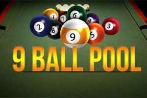 Topa bilardoje me numra në një tavolinë të gjelbër, me tekstin 9 Ball Pool në pjesën e përparme