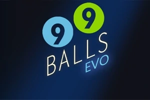 Teksti 99 Balls EVO me numra brenda rrethave blu dhe jeshilë në sfond blu të errët