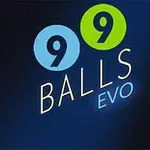 Teksti 99 Balls EVO me numra brenda rrethave blu dhe jeshilë në sfond blu të errët