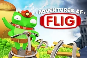 Një krijesë jeshile në një botë të animuar me pamje karikature, duke qëndruar mbi një skuter fluturues përpara shkrimit Adventures of Flig