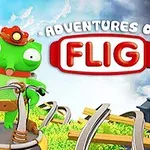 Një krijesë jeshile në një botë të animuar me pamje karikature, duke qëndruar mbi një skuter fluturues përpara shkrimit Adventures of Flig