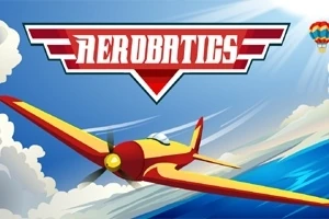 Aeroplanë i verdhë dhe i kuq në fluturim me një qiell me re dhe një tekst AEROBATICS në krye