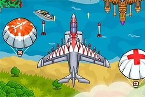 Aeroplan qendror në fluturim mbi plazh me parashuta dhe raketa në horizont në një peizazh vizatimor