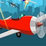 Aeroplan i kuq që fluturon në qiell me një sfond qyteti dhe aeroplanë të tjerë në distancë