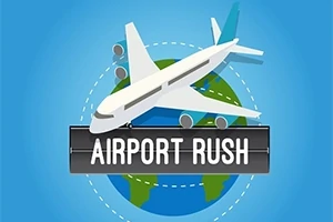 Aeroplan mbi një glob me tekstin Airport Rush në plan të parë, në sfond blu
