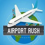 Aeroplan mbi një glob me tekstin Airport Rush në plan të parë, në sfond blu