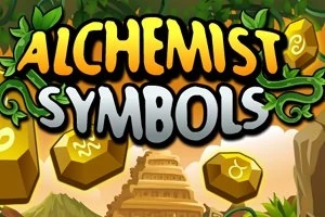 Teksti Alchemist Symbols i rrethuar nga elementë të artë dhe gjethe jeshile në sfond