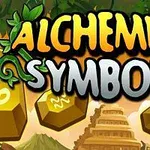 Teksti Alchemist Symbols i rrethuar nga elementë të artë dhe gjethe jeshile në sfond