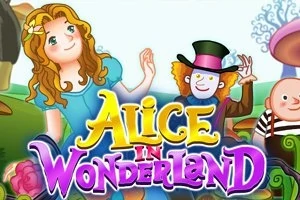 Një vajzë me flokë të verdhë dhe një burrë me kapelë të lartë qëndrojnë pranë njëri-tjetrit në një peizazh të gjelbër, me tekstin Alice in Wonderland të shkruar poshtë tyre