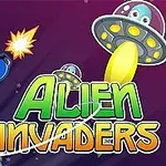 Një personazh me kostum hapësinor qëllon me lazer ndërsa anije kozmike aliene fluturojnë përreth, me tekstin Alien Invaders
