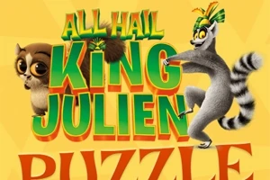 Dy personazhe të animuar, një lemur dhe një lemur i vogël, me tekstin All Hail King Julien Puzzle në sfond të verdhë
