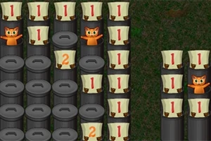 Një grilë me fuçi me numra dhe figura të vogla maceje midis tyre në sfond të gjelbër