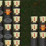 Një grilë me fuçi me numra dhe figura të vogla maceje midis tyre në sfond të gjelbër