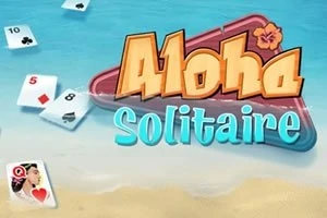 Fjalët Aloha Solitaire mbi një sfond plazhi me letra letrash përreth