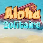 Fjalët Aloha Solitaire mbi një sfond plazhi me letra letrash përreth