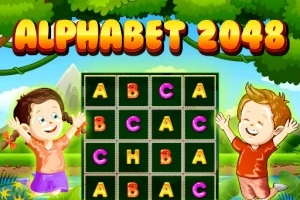 Dy fëmijë të gëzuar pranë një tabele me shkronja alfabeti dhe titulli ALPHABET 2048 në sfondin e një peizazhi me pemë