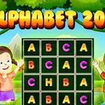 Dy fëmijë të gëzuar pranë një tabele me shkronja alfabeti dhe titulli ALPHABET 2048 në sfondin e një peizazhi me pemë
