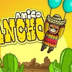 Një person me sombrero dhe dy balona blu fluturon mbi një peizazh me kaktuse përpara një sfondi portokalli me diellin në perëndim