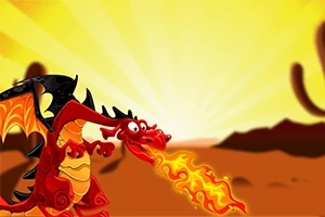 Dragon i kuq që lëshon zjarr mbi një sfond shkretëtirë me diell në perëndim
