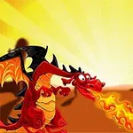 Dragon i kuq që lëshon zjarr mbi një sfond shkretëtirë me diell në perëndim