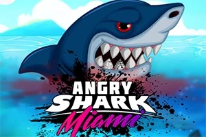 Një rekin i madh me pamje të zemëruar në ujë me titullin Angry Shark Miami shkruar në pjesën e poshtme