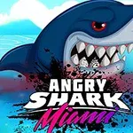 Një rekin i madh me pamje të zemëruar në ujë me titullin Angry Shark Miami shkruar në pjesën e poshtme