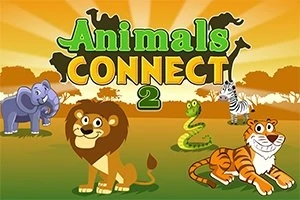 Një grafikë me kafshë si luani, elefanti, gjarpri, zebra dhe tigri në një sfond me ngjyra të ngrohta dhe tekstin Animals Connect 2