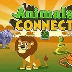 Një grafikë me kafshë si luani, elefanti, gjarpri, zebra dhe tigri në një sfond me ngjyra të ngrohta dhe tekstin Animals Connect 2