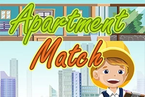 Një fëmijë me kapelë të verdhë dhe një sfond që paraqet ndërtesa dhe dritare të apartamenteve me tekstin Apartment Match
