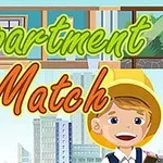 Një fëmijë me kapelë të verdhë dhe një sfond që paraqet ndërtesa dhe dritare të apartamenteve me tekstin Apartment Match