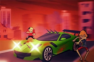 Një makinë sportive jeshile me drita të ndezura dhe figura në formë zombish në sfond të një qyteti të shkatërruar