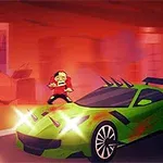 Një makinë sportive jeshile me drita të ndezura dhe figura në formë zombish në sfond të një qyteti të shkatërruar