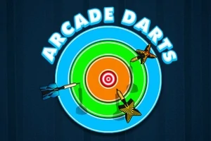 Një tabelë me ngjyra për darts me tre shigjeta të ngulura dhe tekstin Arcade Darts në krye